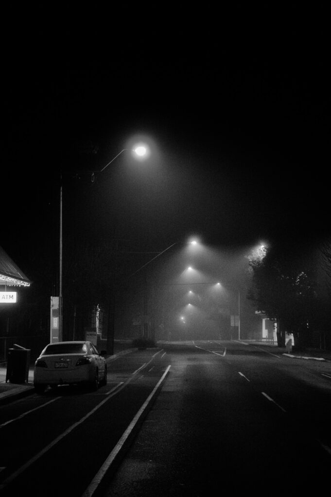 Woodside (Adelaide Hills) at midnight during a winter rain. Copyright Lee Hopkins.
